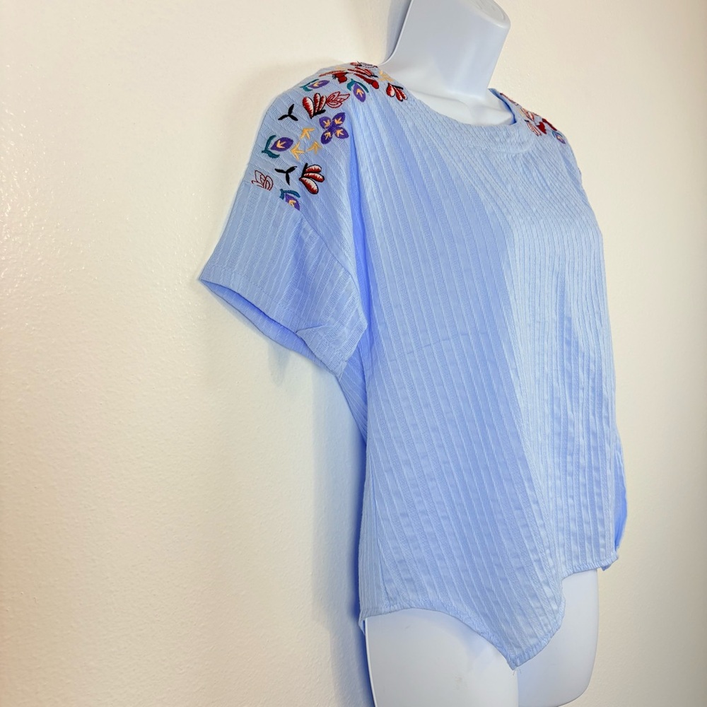 Embroidered Flower Shoulder Top Blue Ribbed Short Sleeve Boho Blouse Soft Girl - Picture 4 of 9